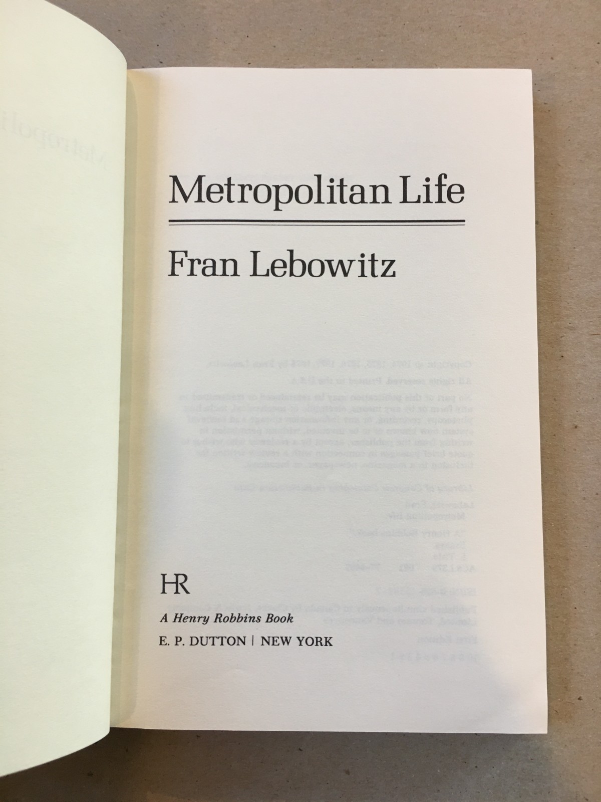 Fran Lebowitz „Metropolitan Life“ SIGNED 1st Edition Hardcover Dutton 1978 RARE!
