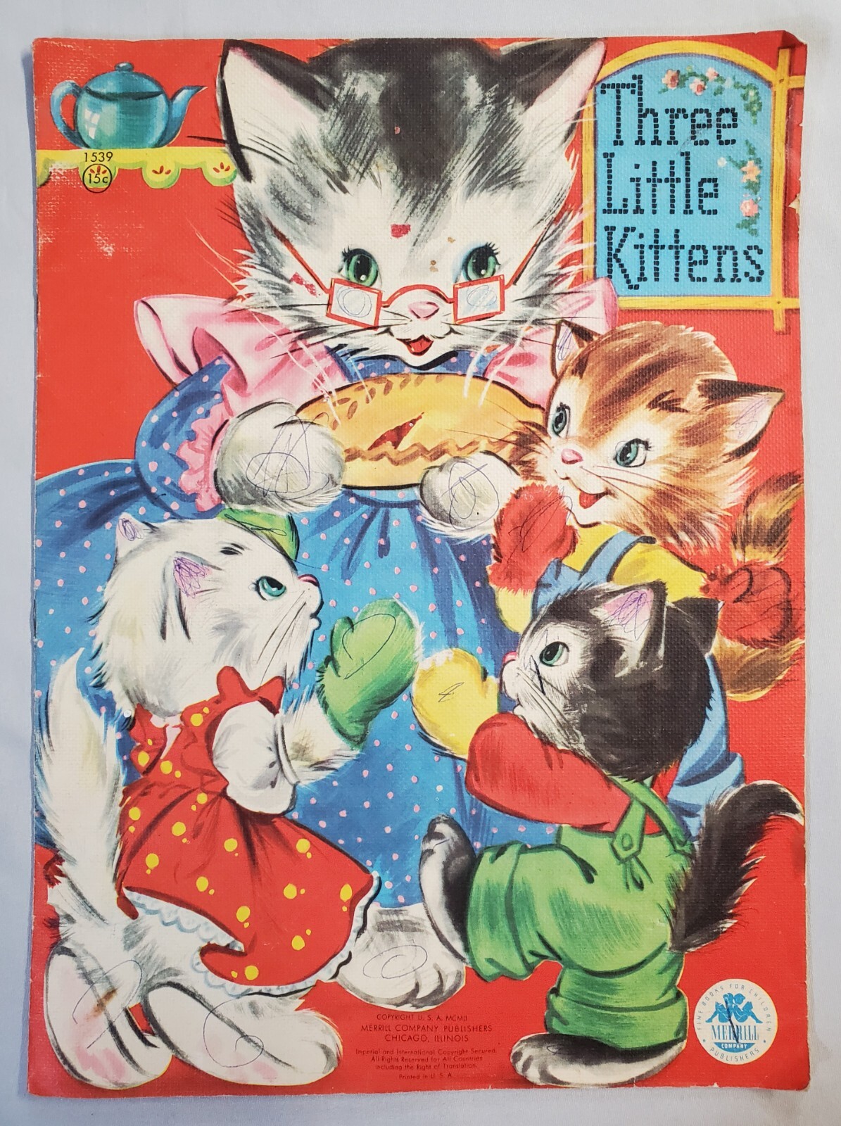 Three Little Kittens Merrill Co. 1951 Children’s Book Vintage Linen Softcover