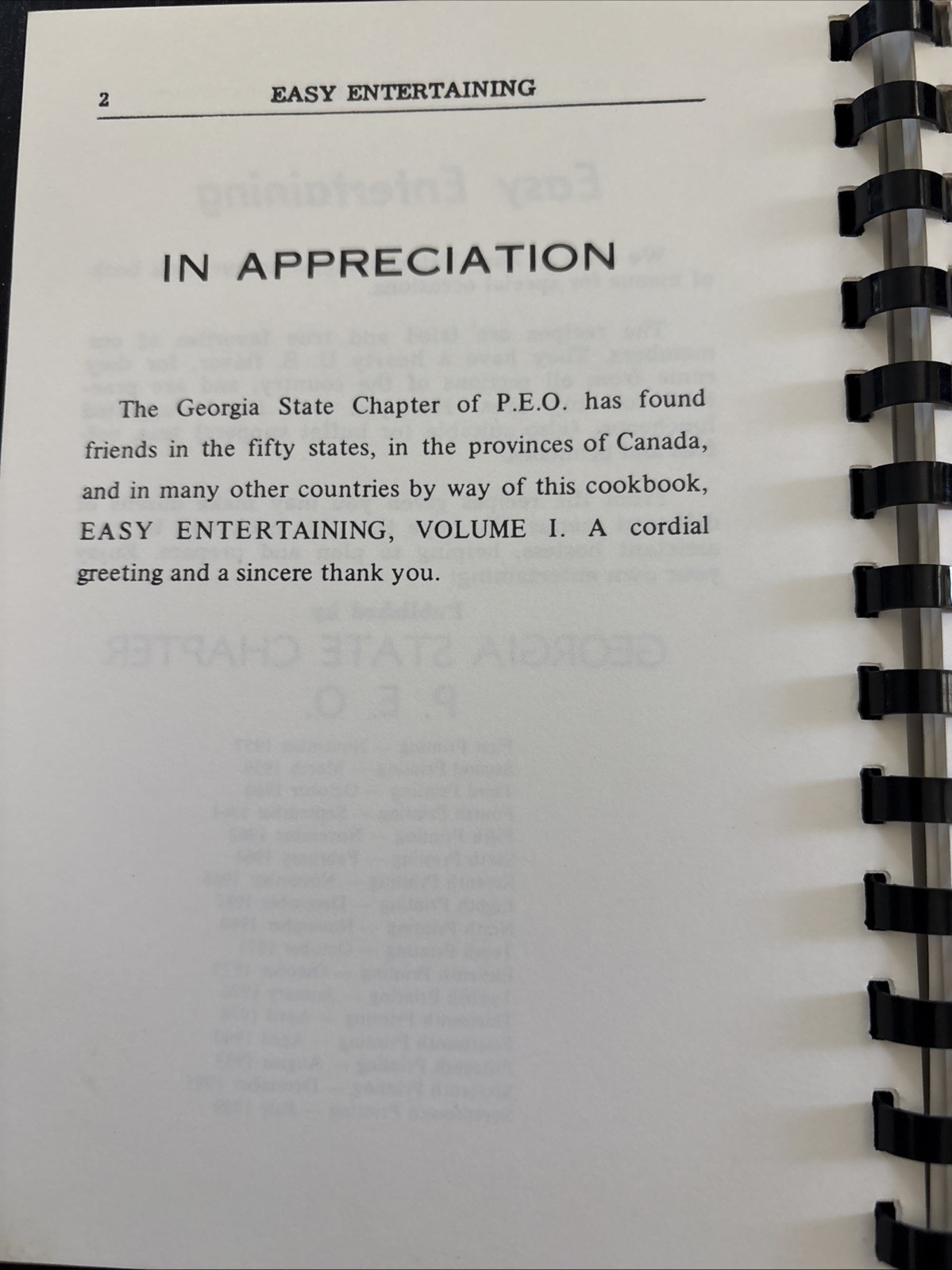 Georgia State Chapter P.E.O. 1989 Easy Entertaining Vol 1 Cookbook