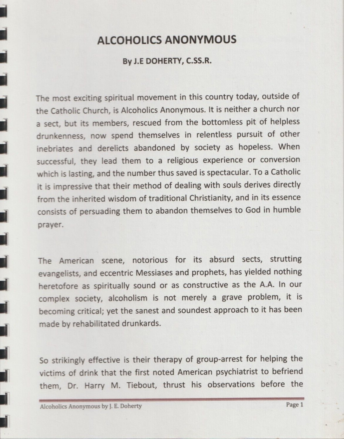 Alcoholics Anonymous by J. E. Doherty reprint