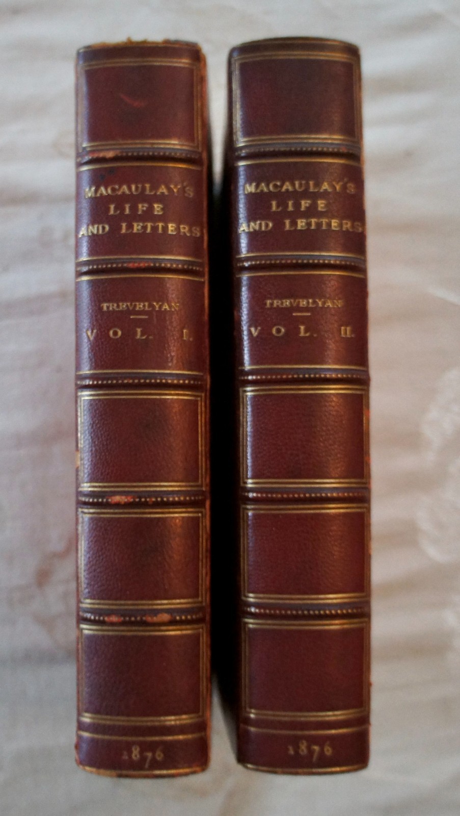 MACAULAY’S LIFE & LETTERS 1876 2 VOLUME LEATHER BINDINGS LONGMANS GREEN CO