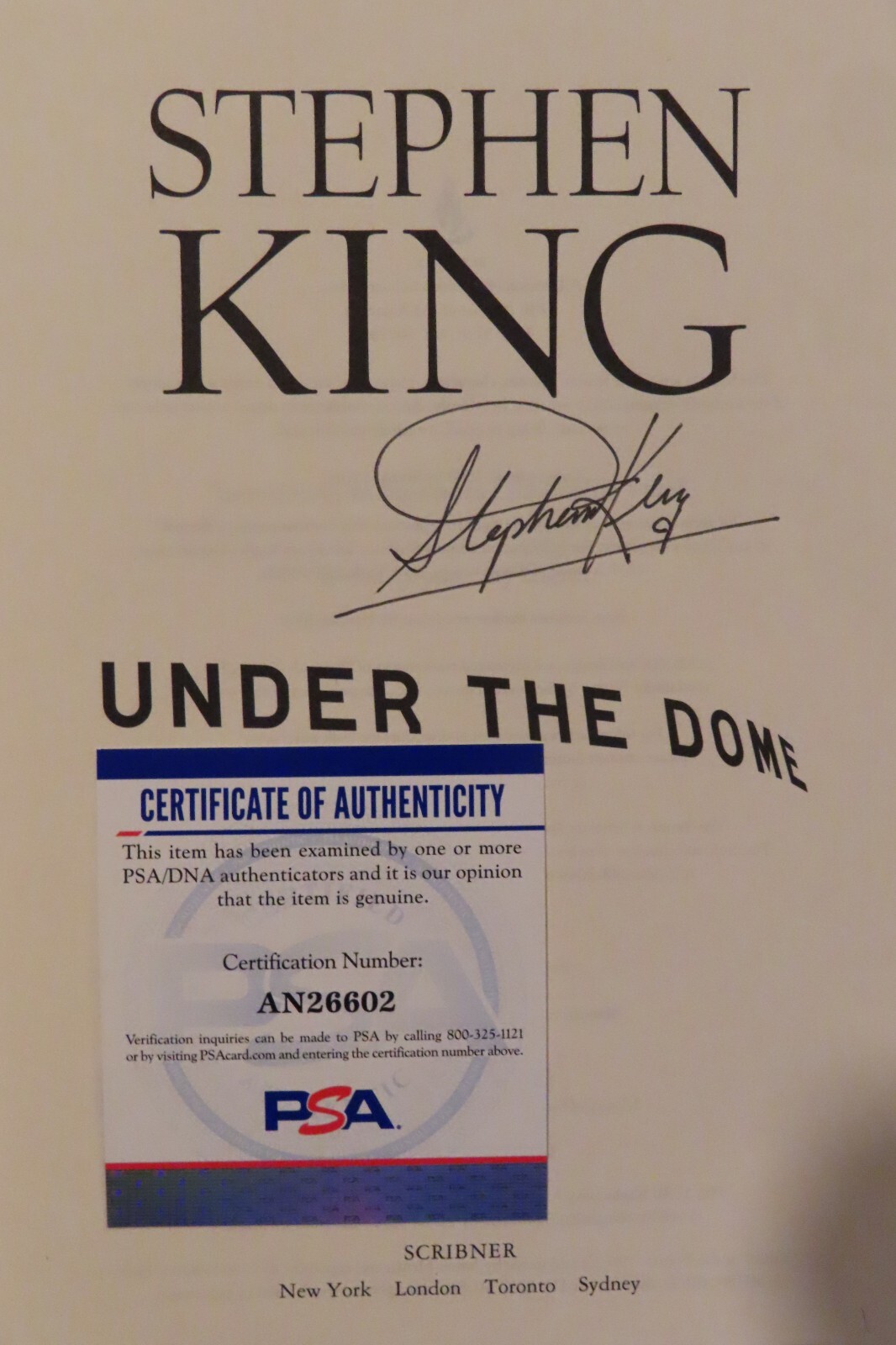 Horror Author STEPHEN KING signed UNDER THE DOME 1st Edition 2009 Book PSA