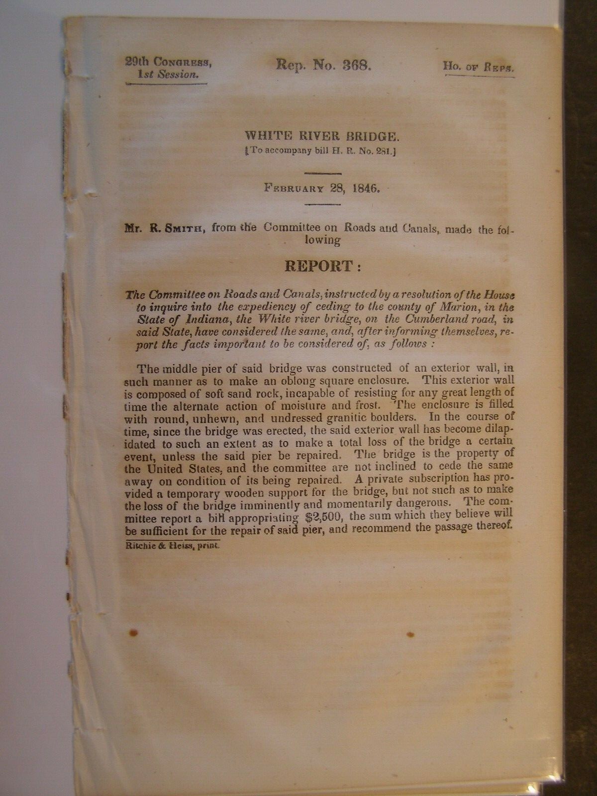 Government Report 1846 White River Bridge Constructed Exterior Wall Weather Cond