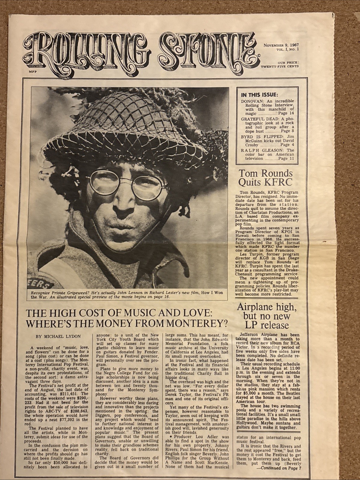 1986 Reprint of Rolling Stone Magazine Nov 9 1967 vol. 1 no.1