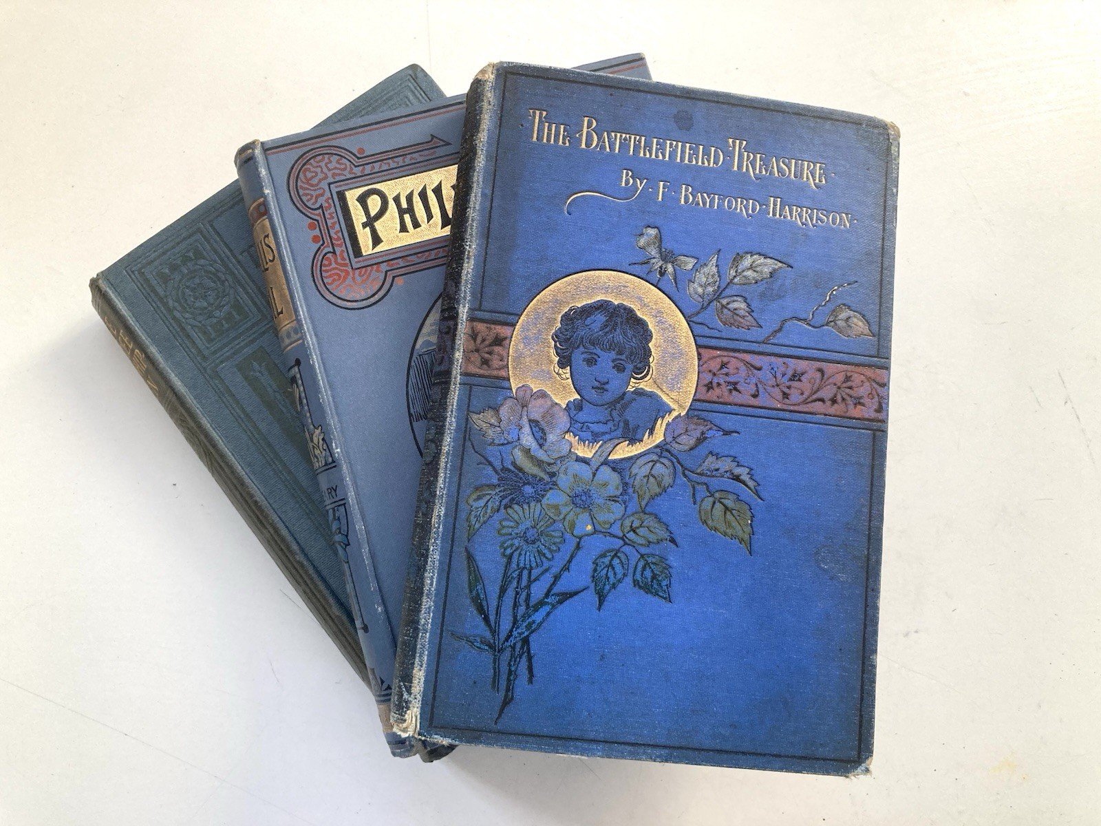 Blue Distressed Bundle Of 3 Antique Vintage Books, Good Condition, Home Decor