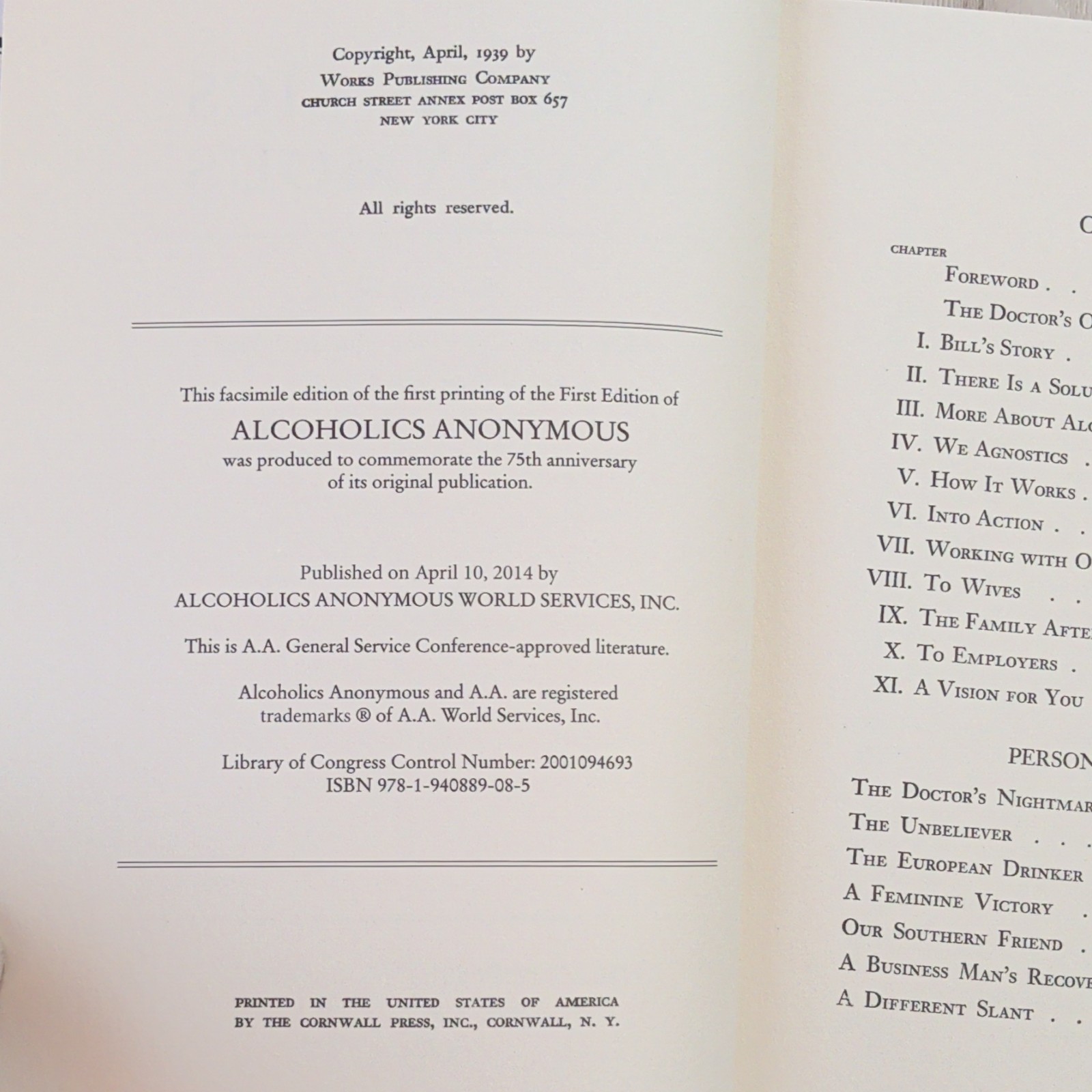 Alcoholics Anonymous Facsimile of First Printing 1st Ed Hardcover 2014 NYC