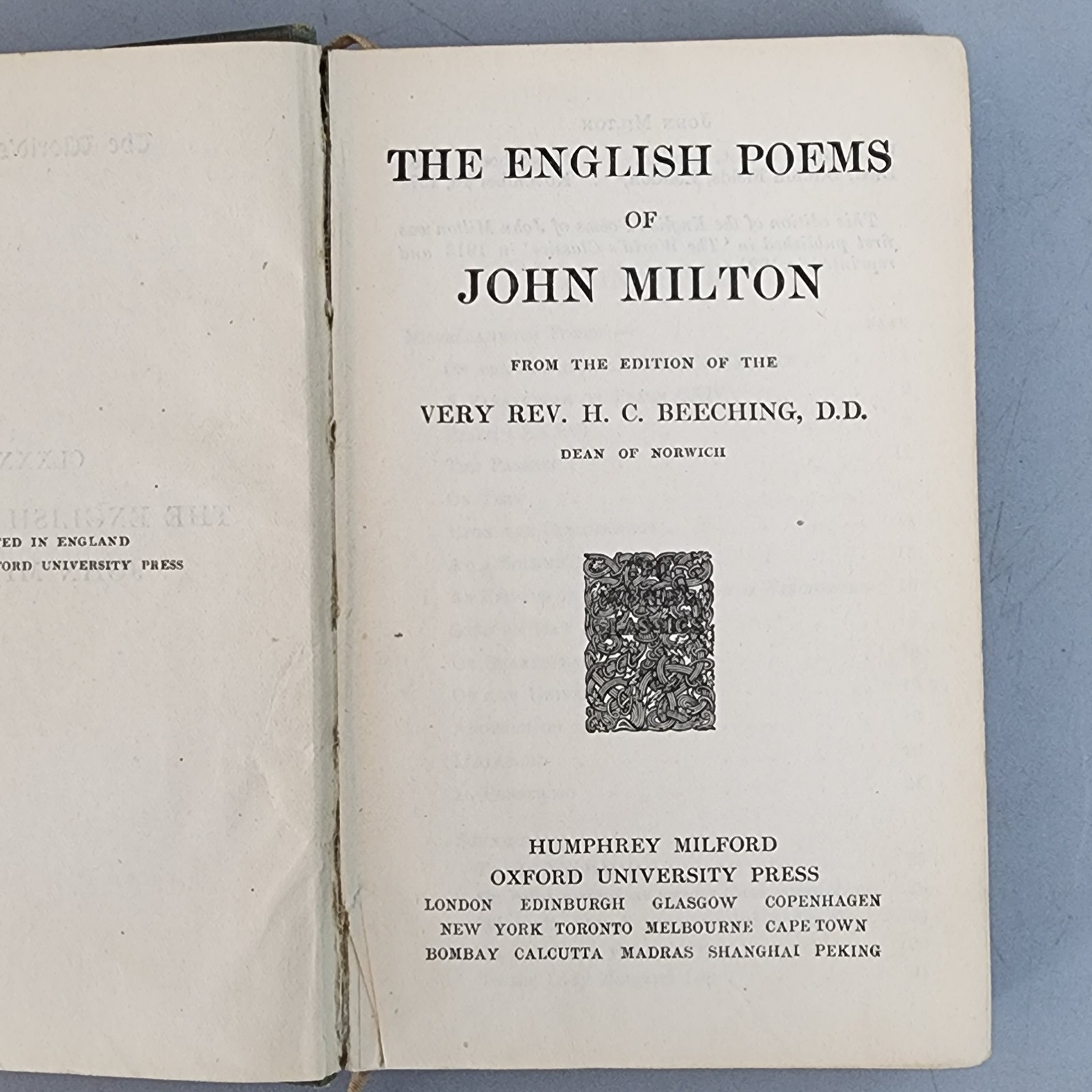 The English Poems of John Milton 1921 Oxford Univ Press World’s Classic Pocket