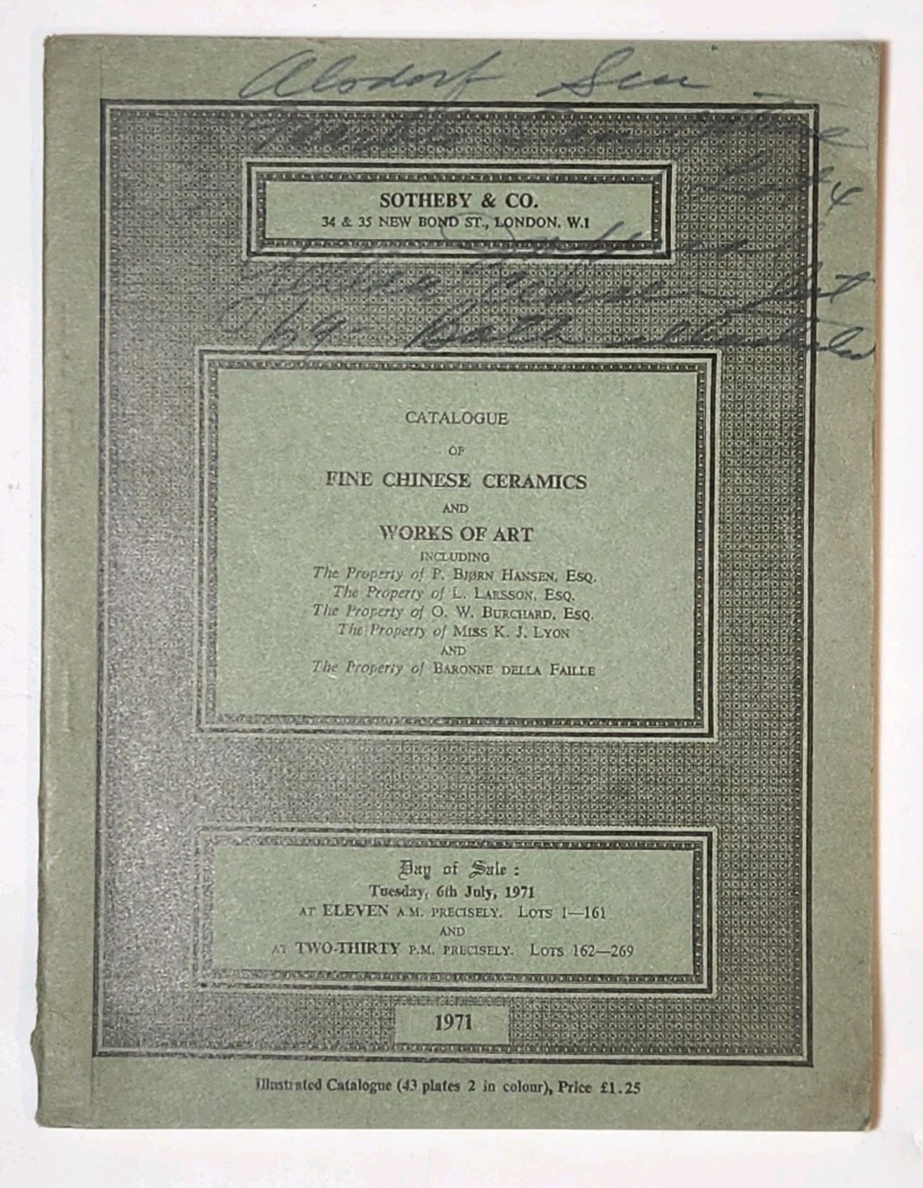 Tuesday 6th July 1971 Sotheby & Co Auction Catalog Fine Chinese Ceramics Works
