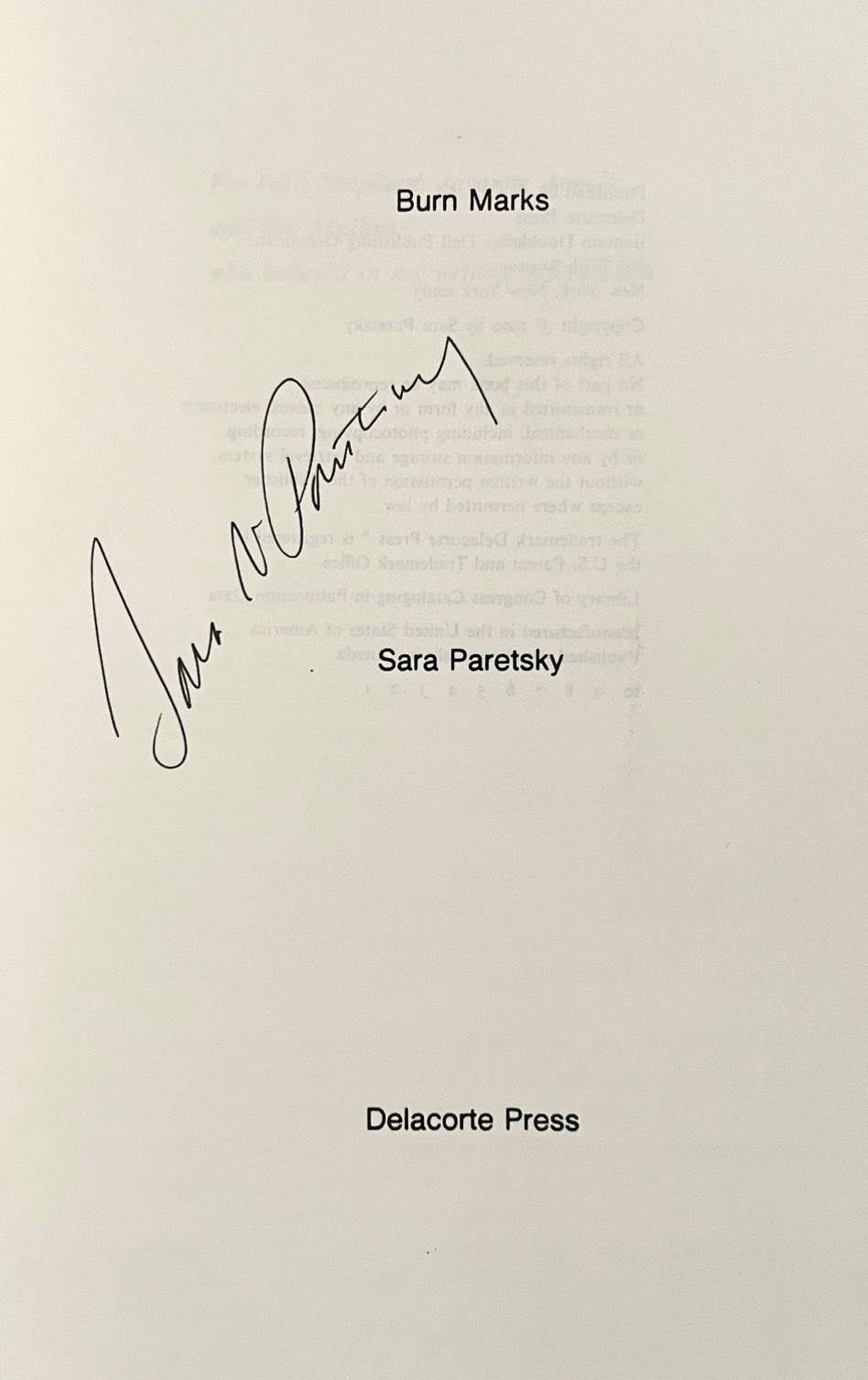 Sara Paretsky – Burn Marks 1990 Uncorrected Proof SIGNED pb V.I. Warshawski