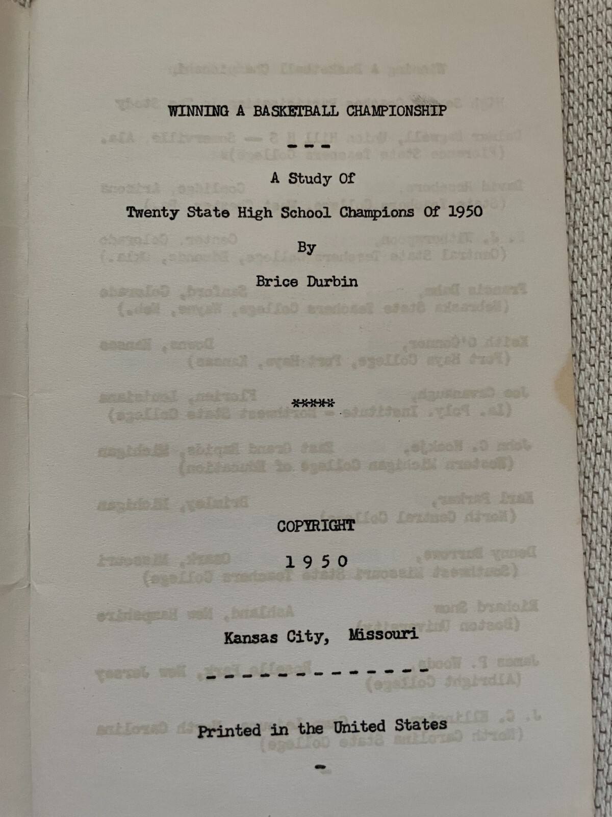 1950 Winning A Basketball Championship by Brice Durbin 1st Ed. Kansas City, MO
