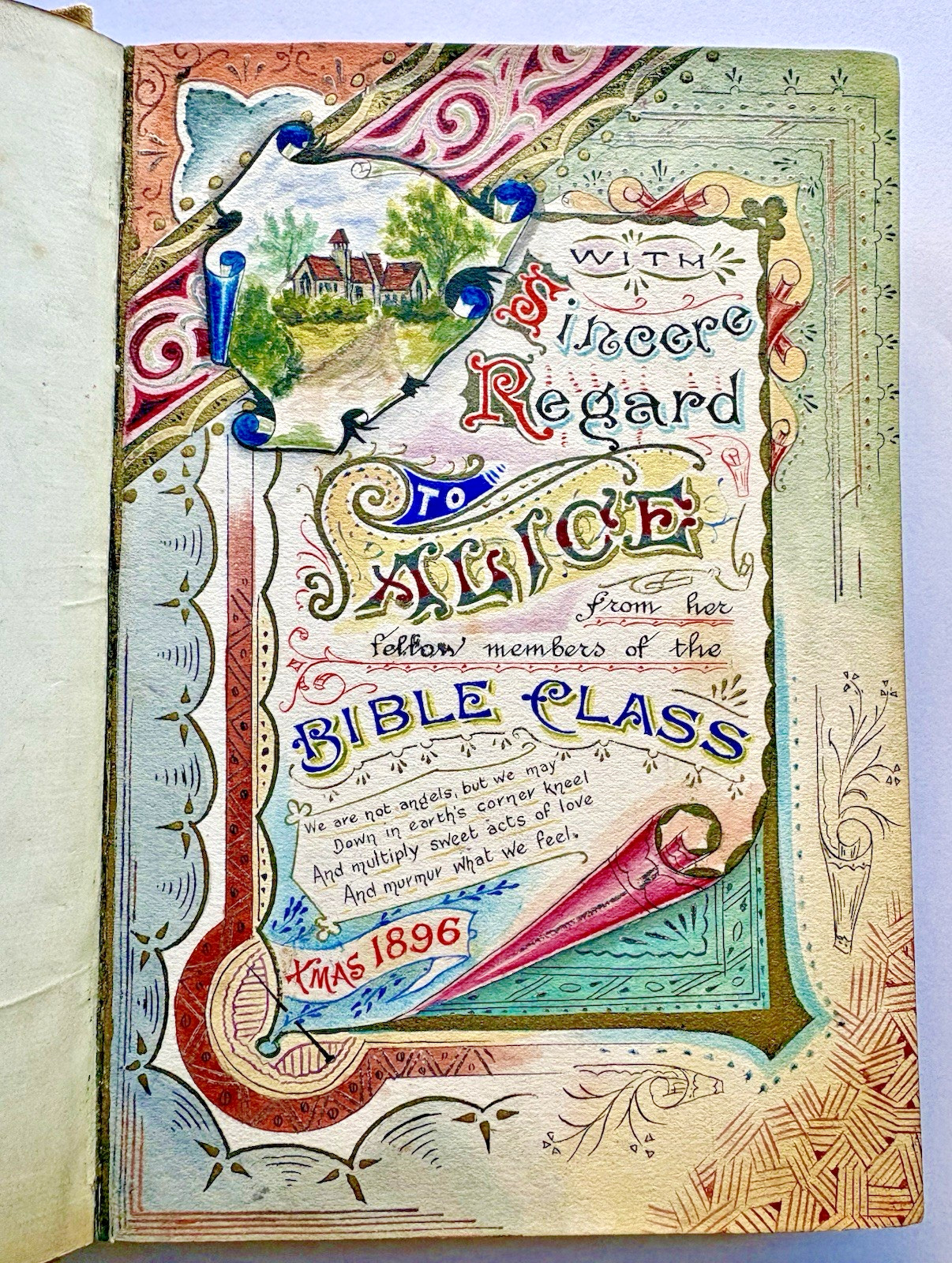 Beautiful Antique Bible Class Watercolor Presentation Page 1896 Life’s Byways