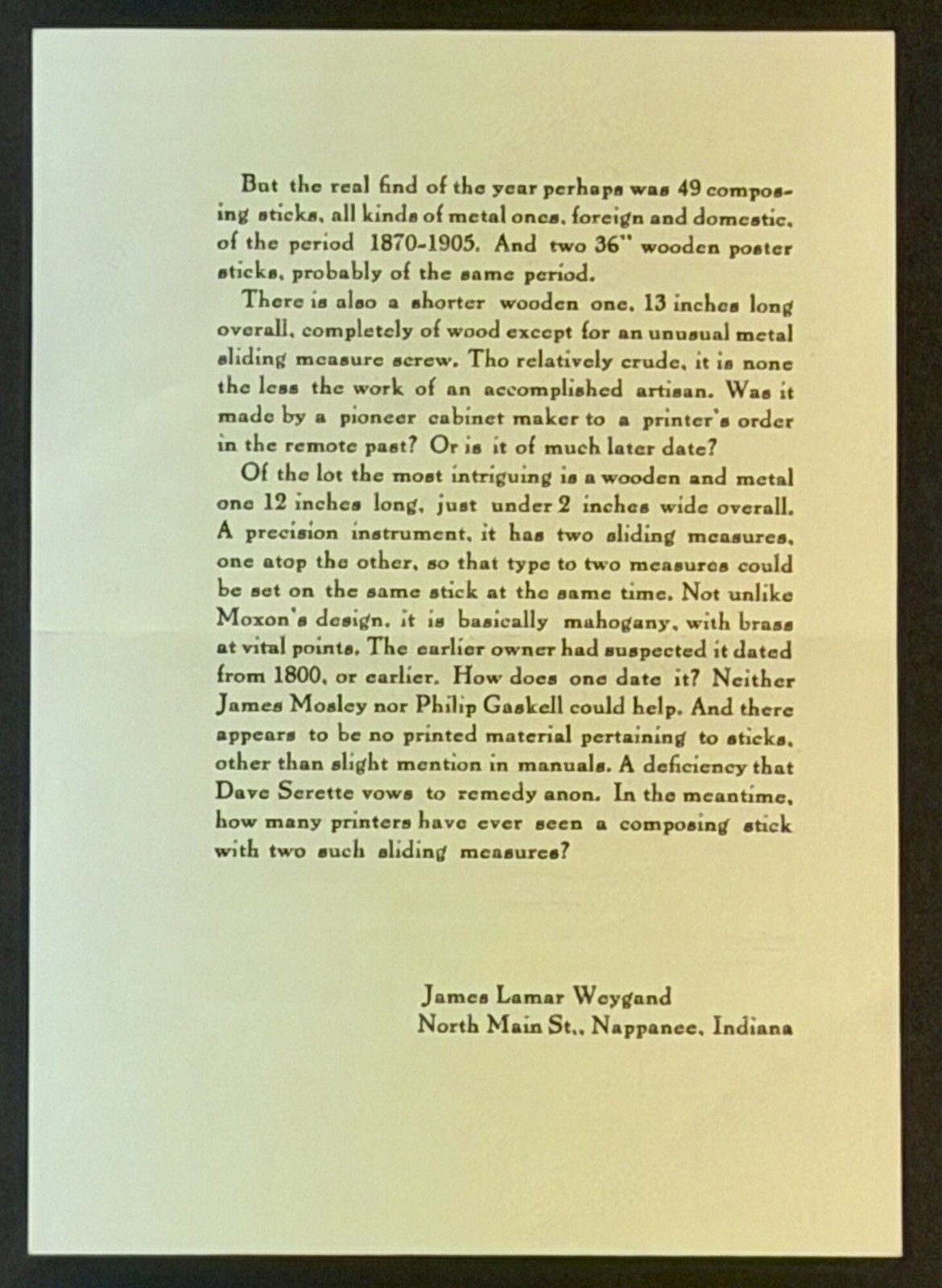 James Lamar Weygand / STICKS Some Notes Thereon 1st Edition