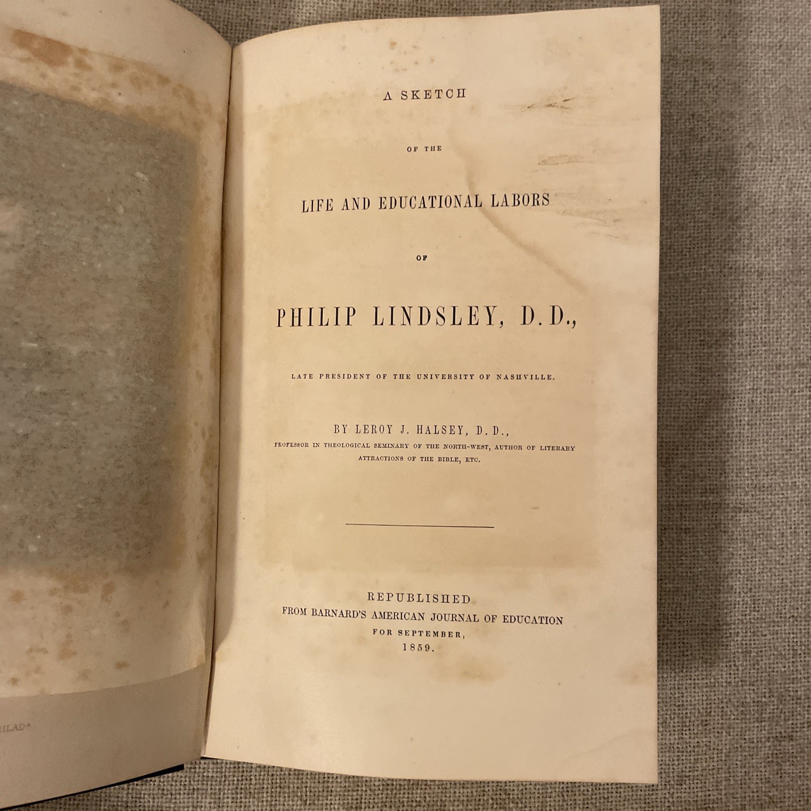 Memoir Of Philip Lindsley By Leroy J. Halsey 1859 Hardcover