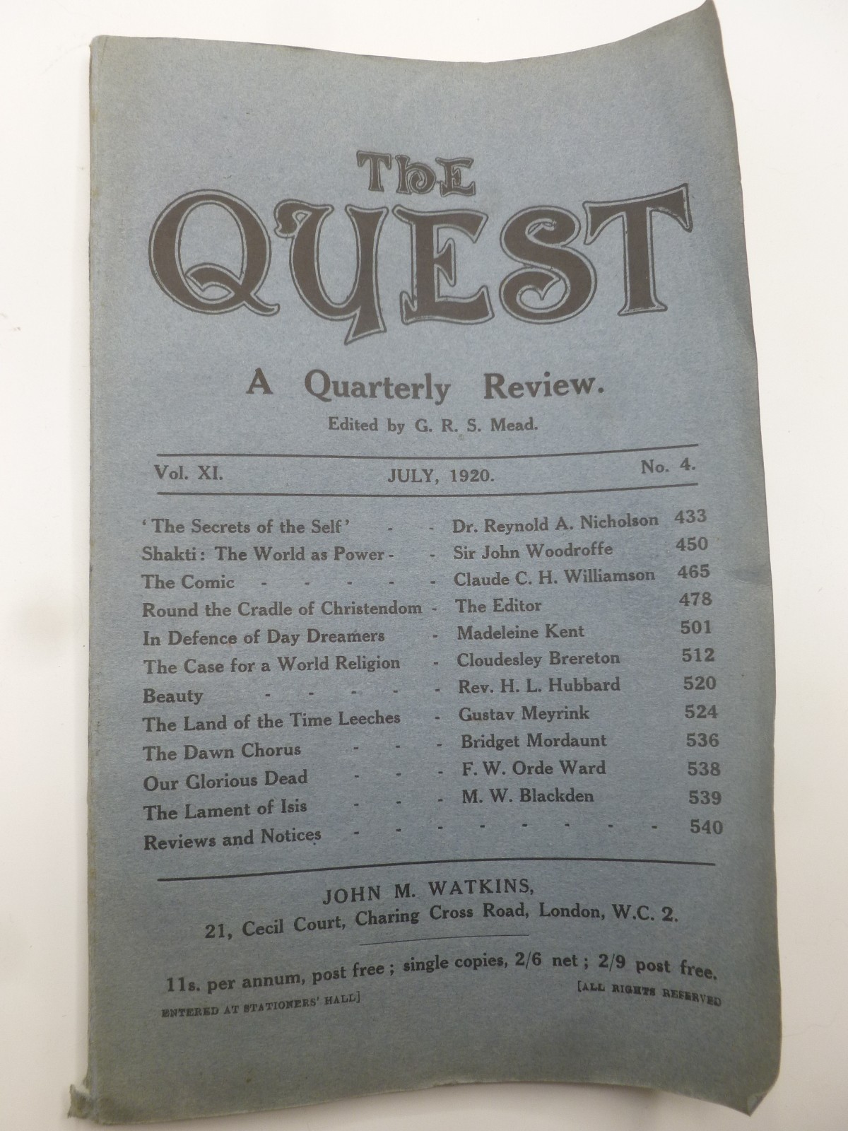 Mystical Magazine– THE QUEST Jul 1920– Land of the Time Leeches, Gustave Meyrink