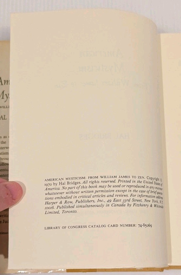 AMERICAN MYSTICISM : FROM WILLIAM JAMES TO ZEN Hal Bridges 1970 HC/DJ 1st?