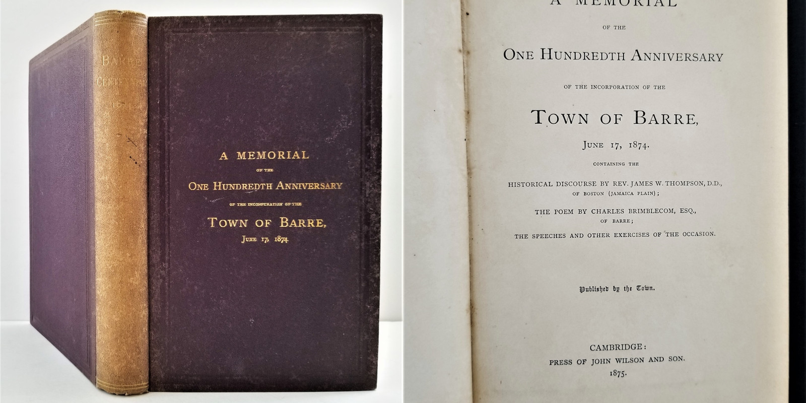 1874 antique BARRE MA HISTORY 100th anniversary memorial cambridge john wilson