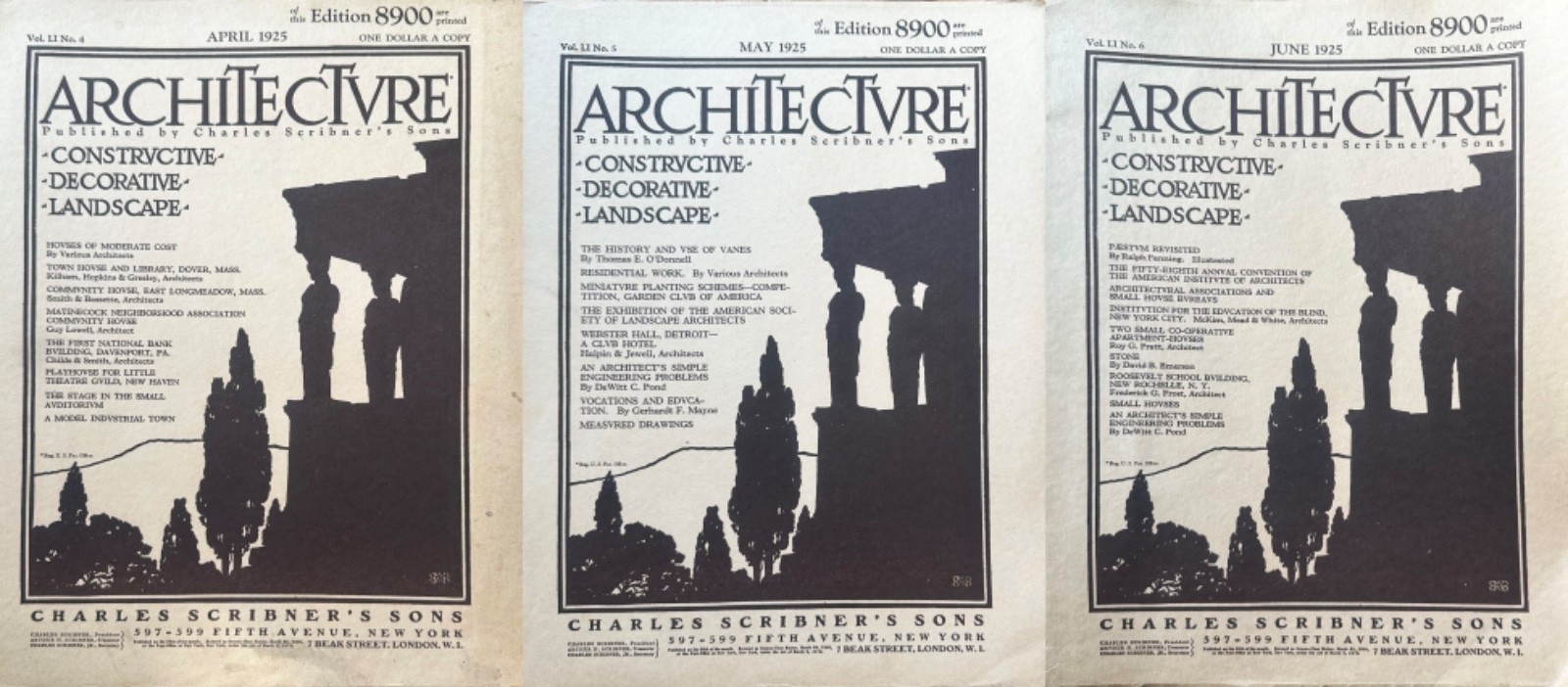 Architecture Magazine 1925 (Apr–Jun) Vol. LI Nos. 4–6 | Complete Spring Set