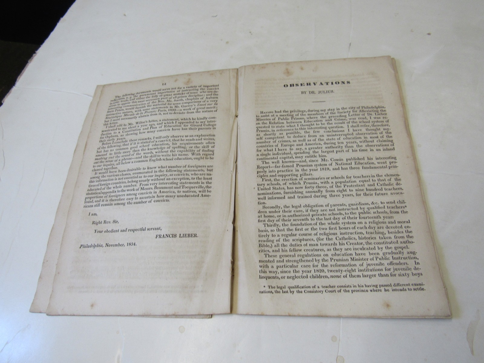 1835 Remarks Relation Between Education & Crime Letter to Right Rev. White