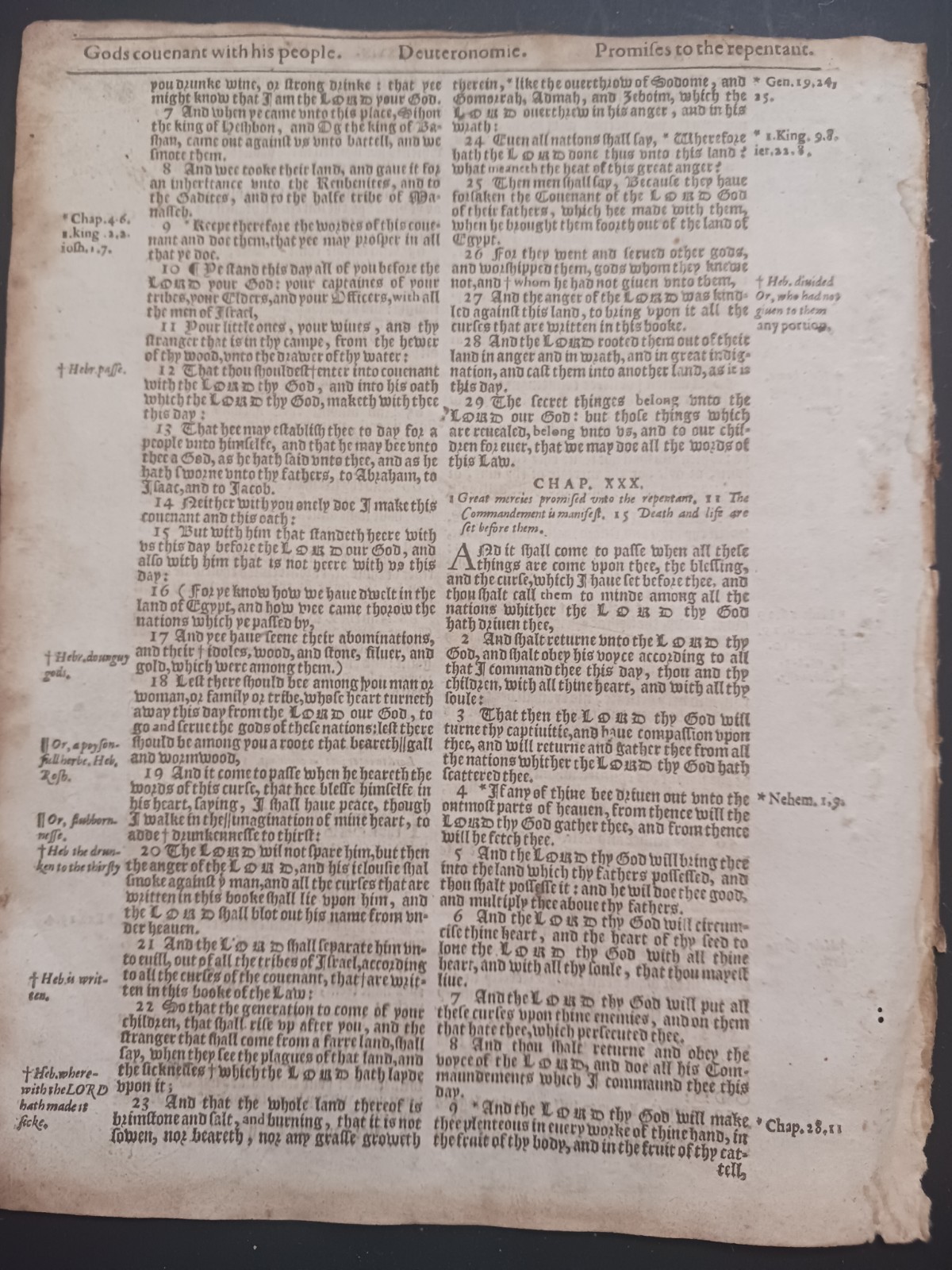 Original 1614 King James Bible Leaf 128 Deuteronomy 28:45 to 30:9