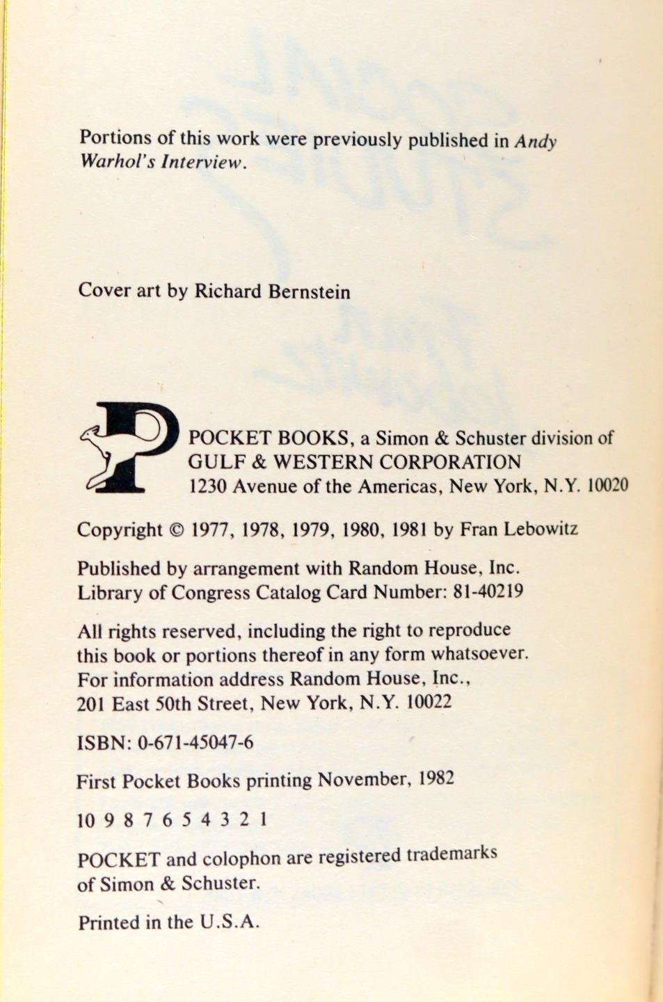 Fran Lebowitz 1982 Social Studies Pocket Books #45047-6 Vintage Paperback