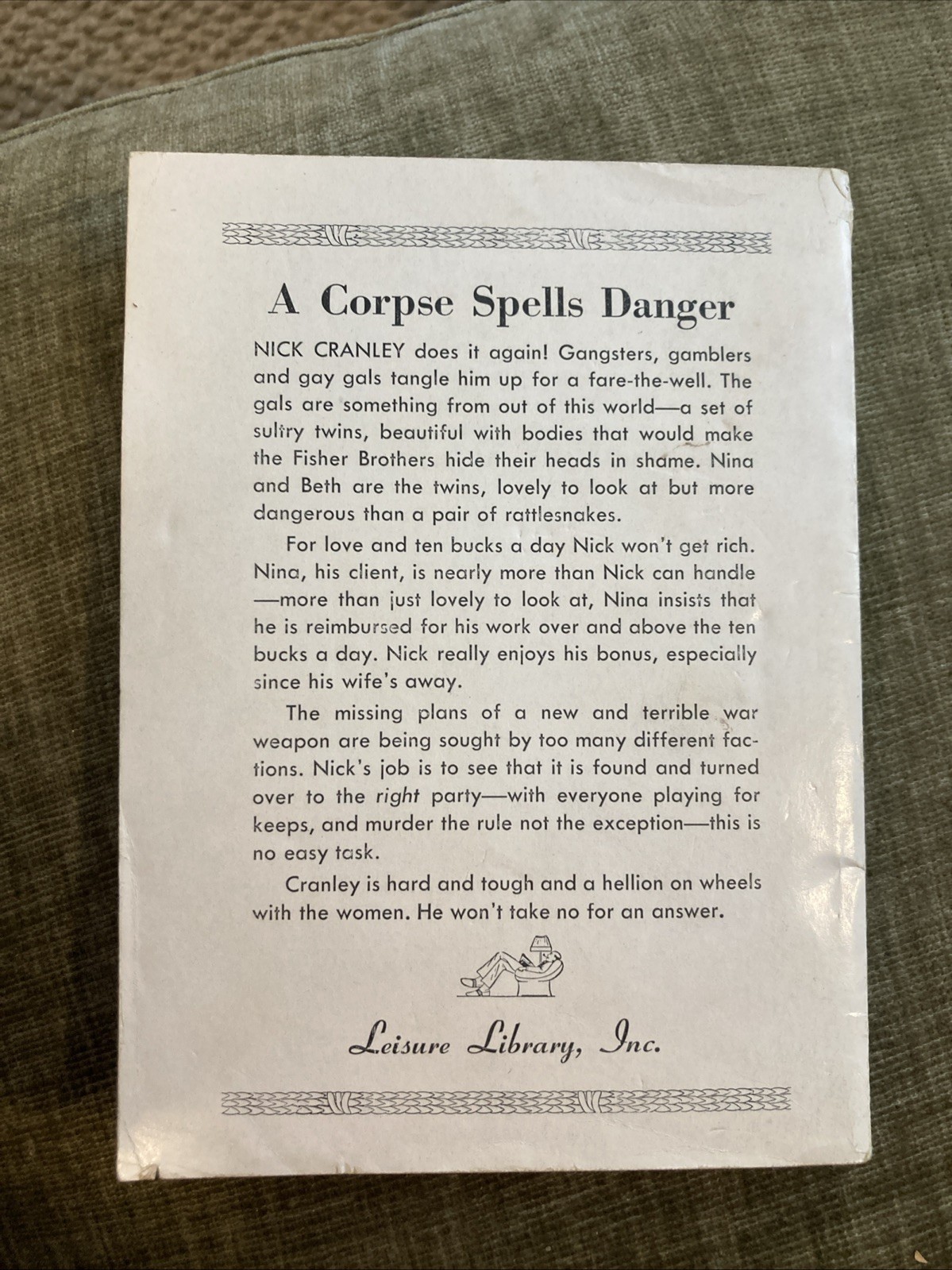 Sleaze gga digest Vintage Pb, A Corpse Spells, Storm Leisure Lib19, 1953 c-Heade