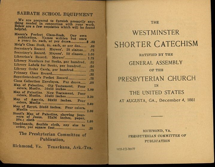 1861 Printing Westminster Shorter Catechism Augusta Georgia