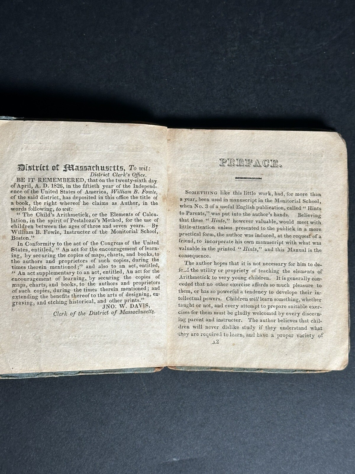 Child’s Arithmetick, Elements Of Calculation textbook, 1827 By William B. Fowle