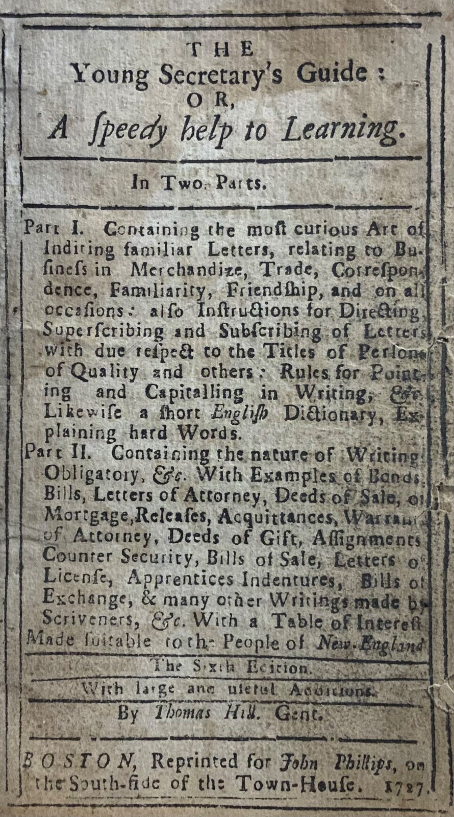 1727 Young Secretary’s Guide John Phillips Bookseller Colonial America Ownership