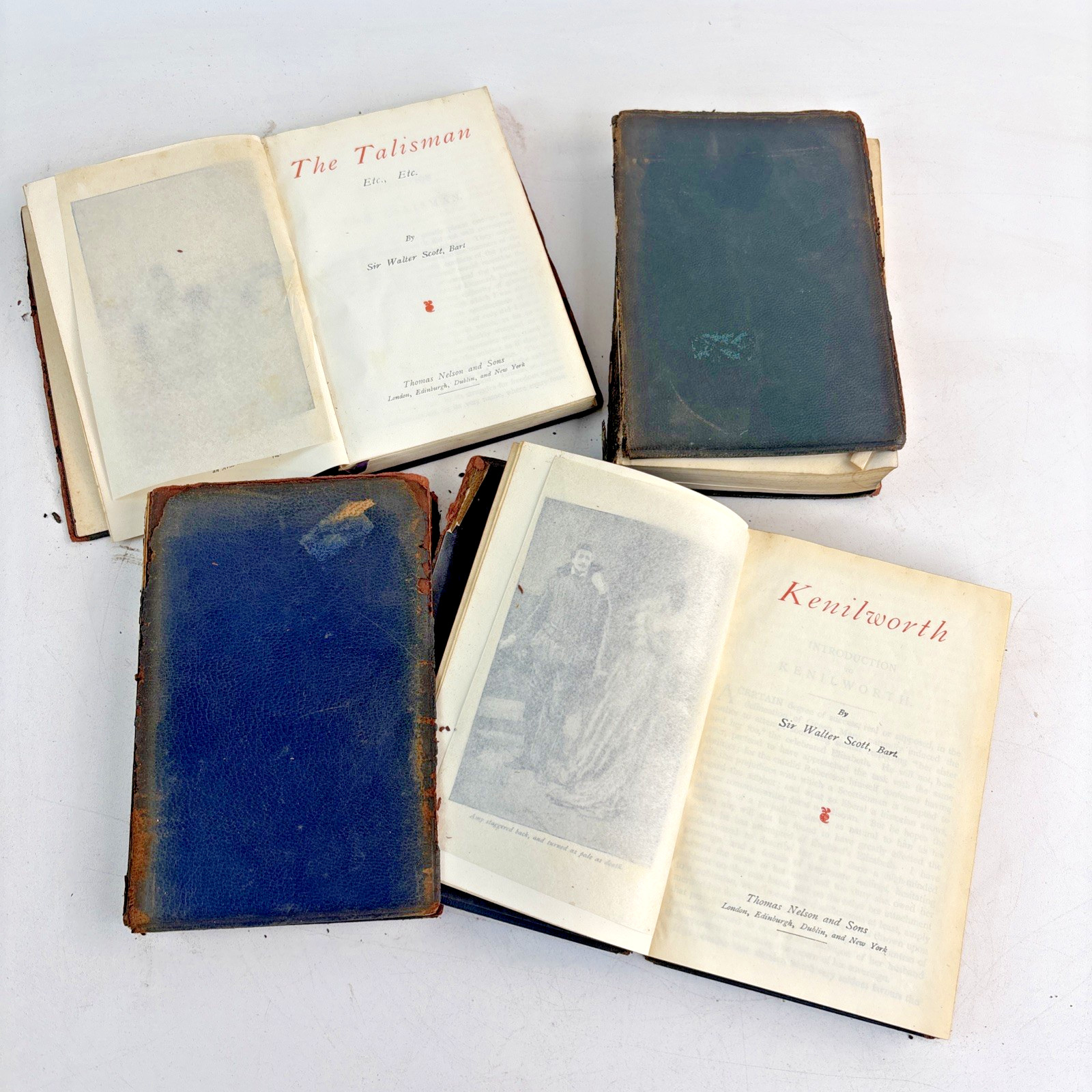 4 Antique Sir Walter Scott & Thackeray Blue Leather Cover Books Nelson Son 1900s