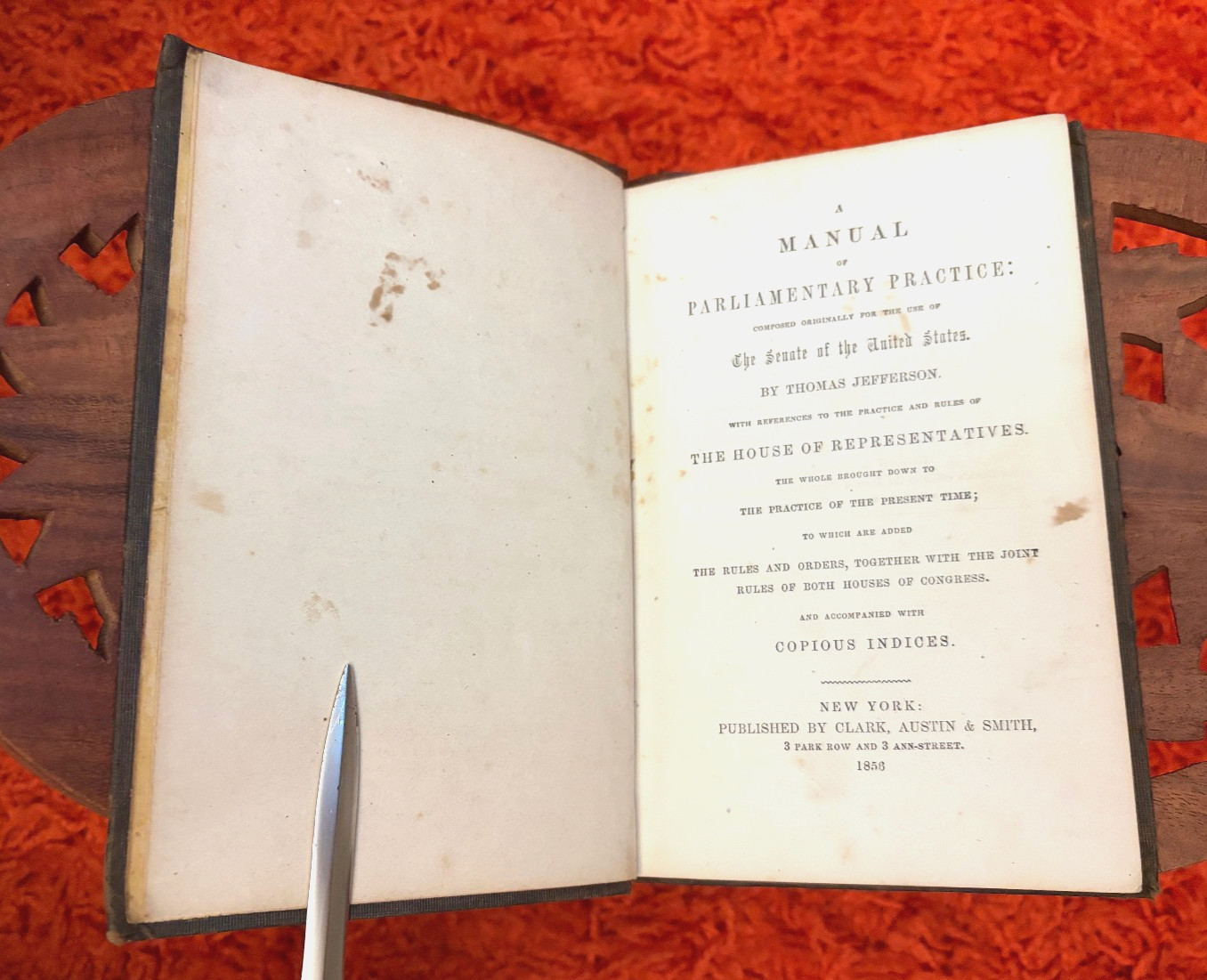 1856 THOMAS JEFFERSON „MANUAL OF PARLIAMENTARY PRACTICE“- CLARK, AUSTIN & SMITH