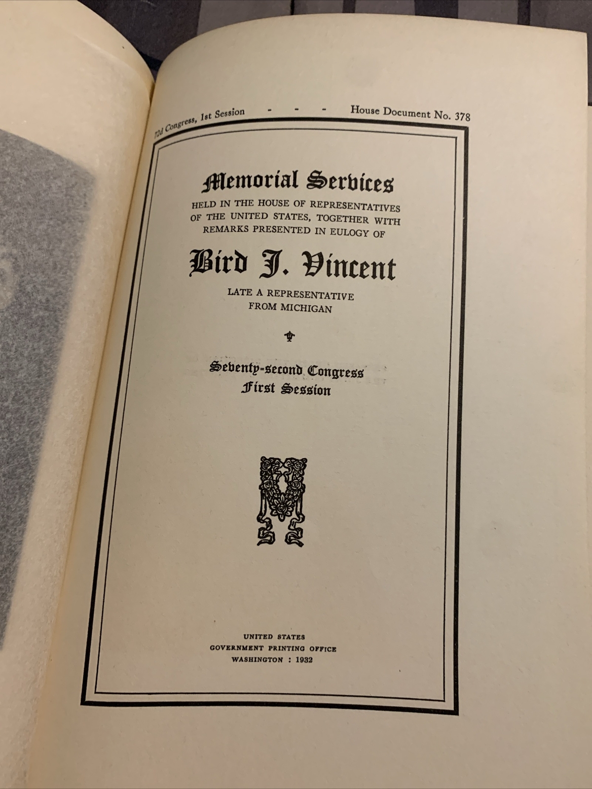 Bird J Vincent Michigan Representative Memorial Addresses Delivered In Congress