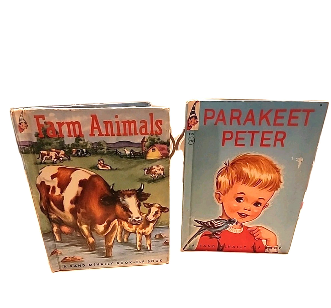Lot of 2 Vintage Rand McNally Elf Books FARM ANIMALS & PARAKEET PETER