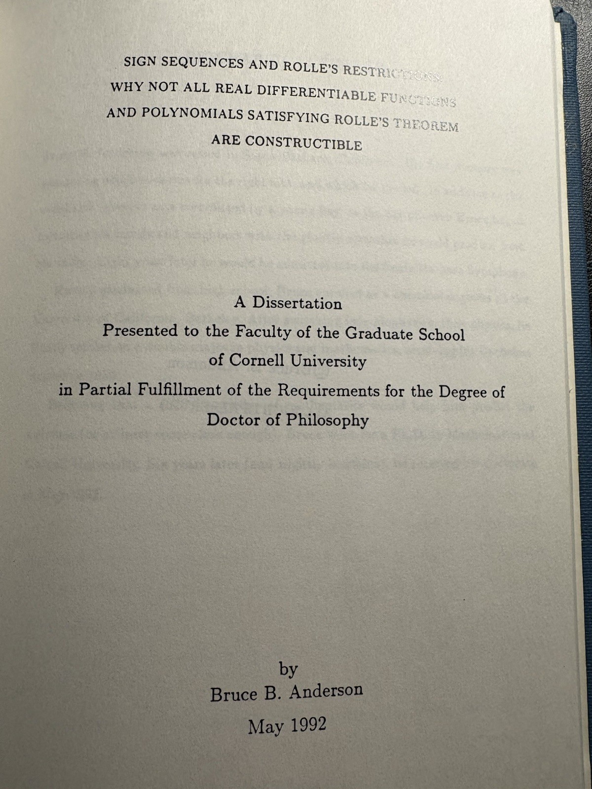 Cornell University Math PhD Dissertation UMI Facsimile Blue Cloth Hardcover