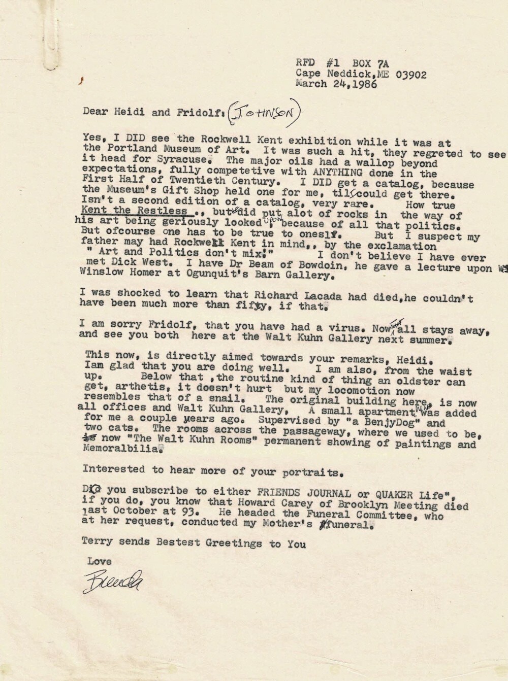 1985 LETTER SIGNED by FRIDOLF JOHNSON w/ NOTE by HEIDI LENSSEN re. Rockwell Kent