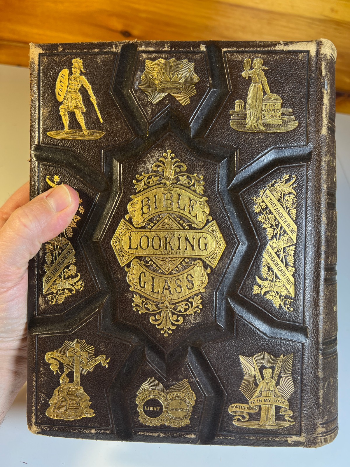 Antique 1874 Bible Looking Glass Illustrated Religious Emblems Leather Gilt AEG