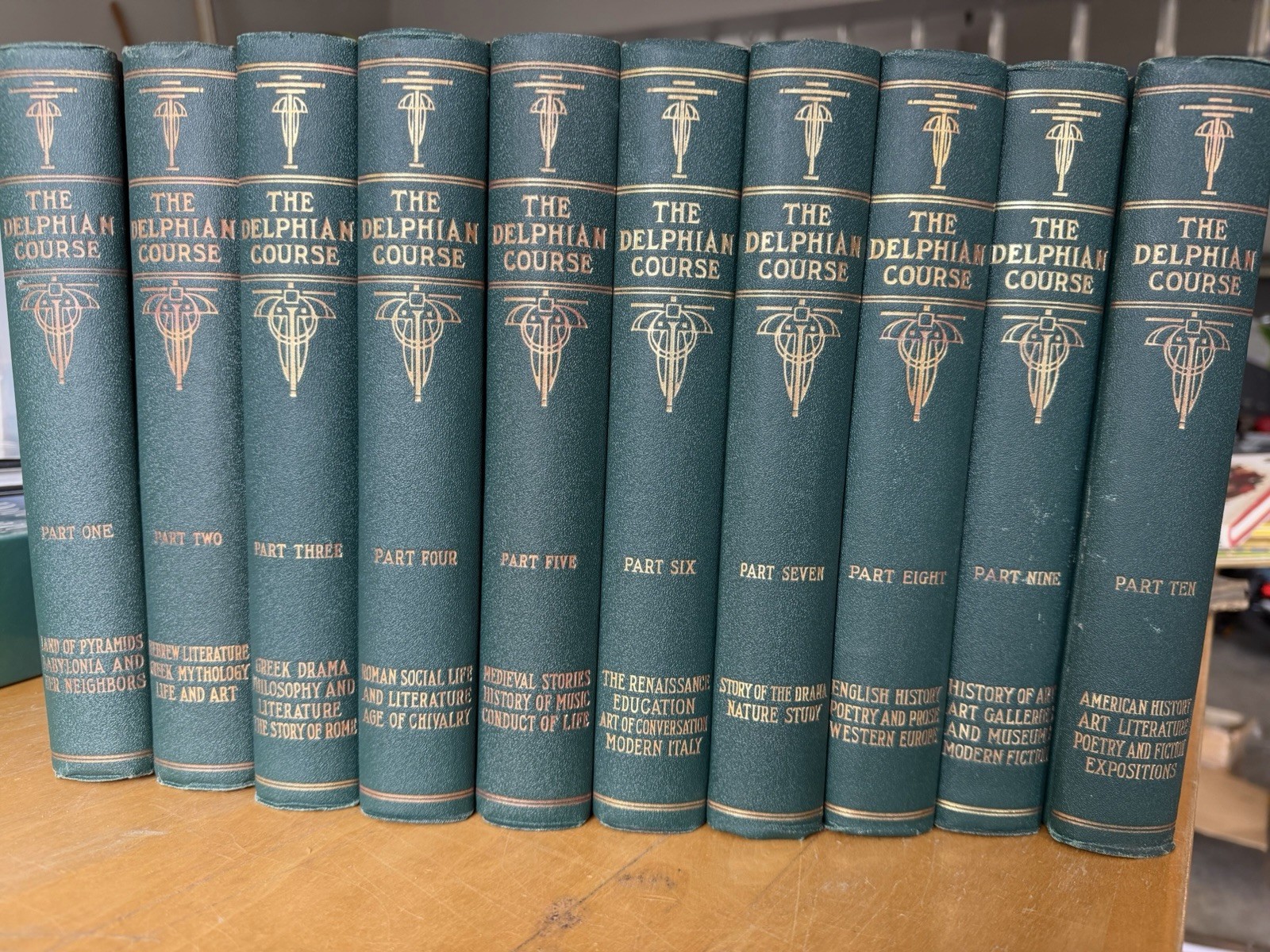 Antique Delphian Course 10 Vol Set Green Gold 1913 Decorative Books