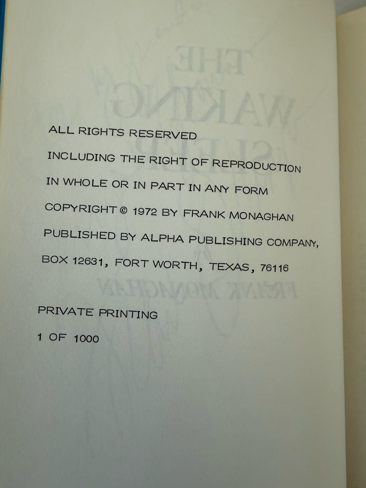 1972 Frank Monaghan The Waking Sleep Hypnosis 1/1000 Limited Edition Signed
