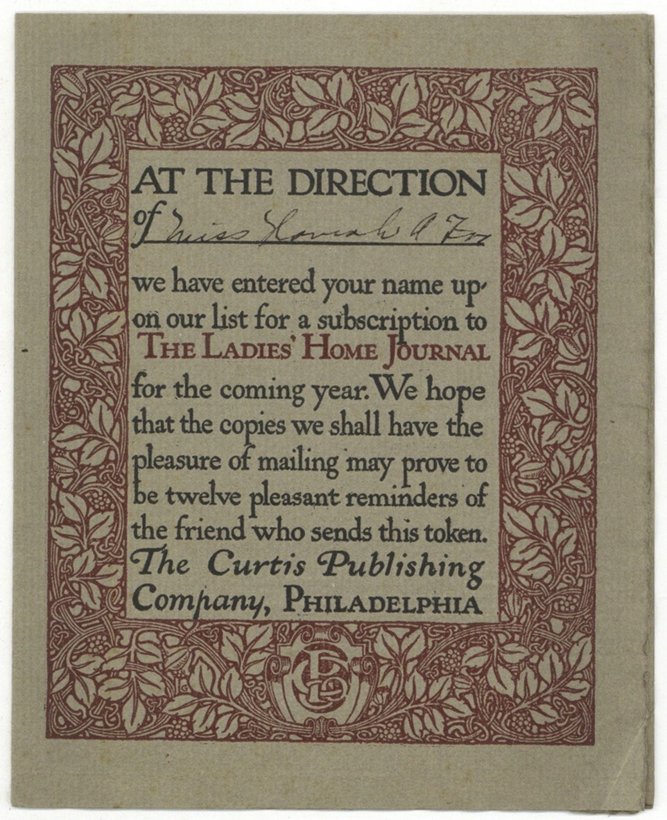 W L TAYLOR / Partially Printed Publisher’s Card At the Direction of Miss 1st ed