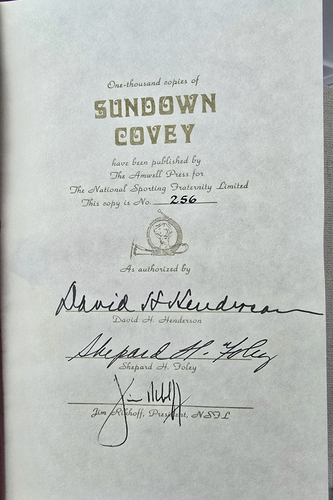 Sundown Covey by David Henderson, 1986, Amwell Press, signed, 256/1000