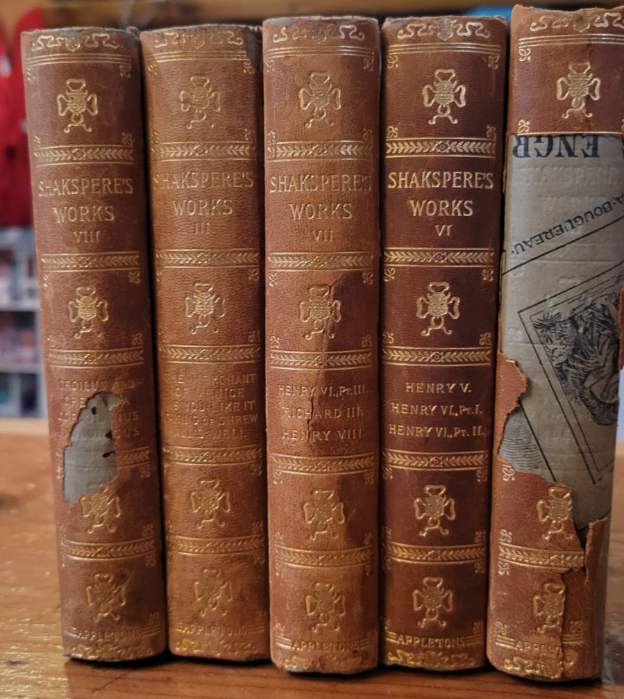 Antique Shakespeare’s Works Lot of 5 Volumes – Appleton Leather Bindings – Parti