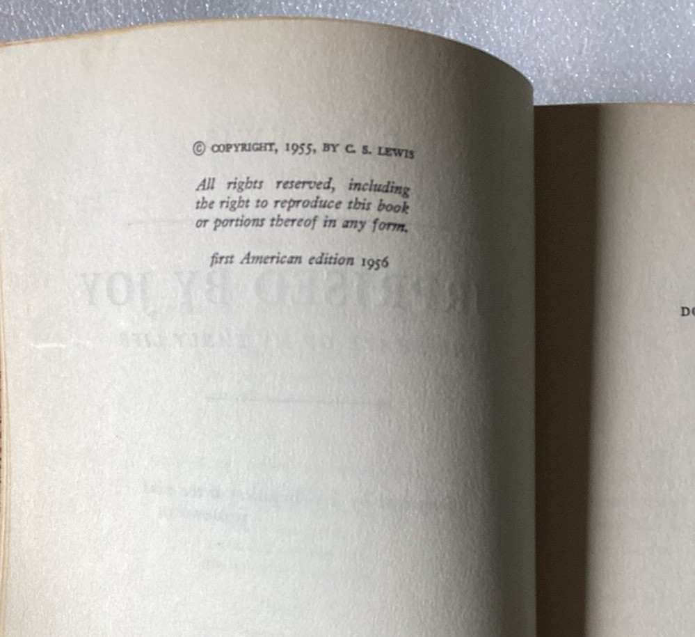 C S Lewis: Surprised By Joy/ FIRST AMERICAN EDITION 1956 HARCOURT, BRACE HC