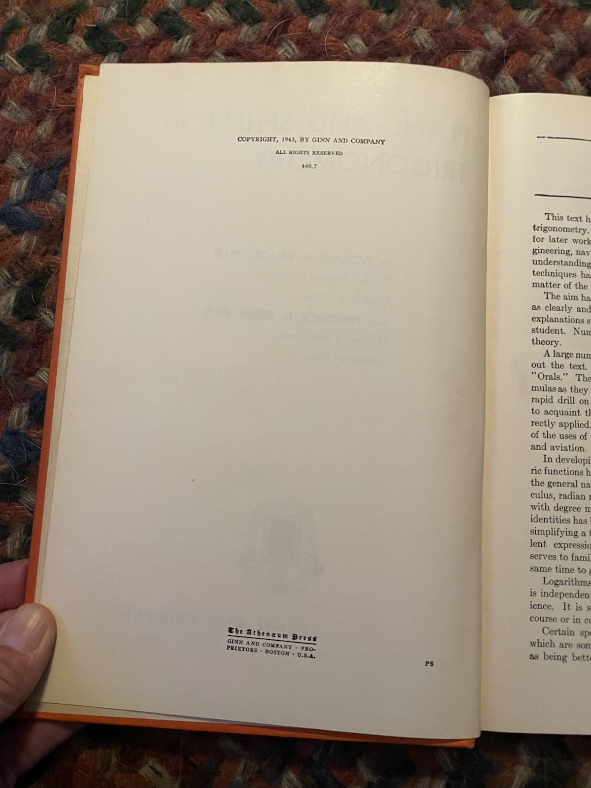 1st Edition 1943 PLANE AND SPHERICAL TRIGONOMETRY Hardcover Book by Ballou