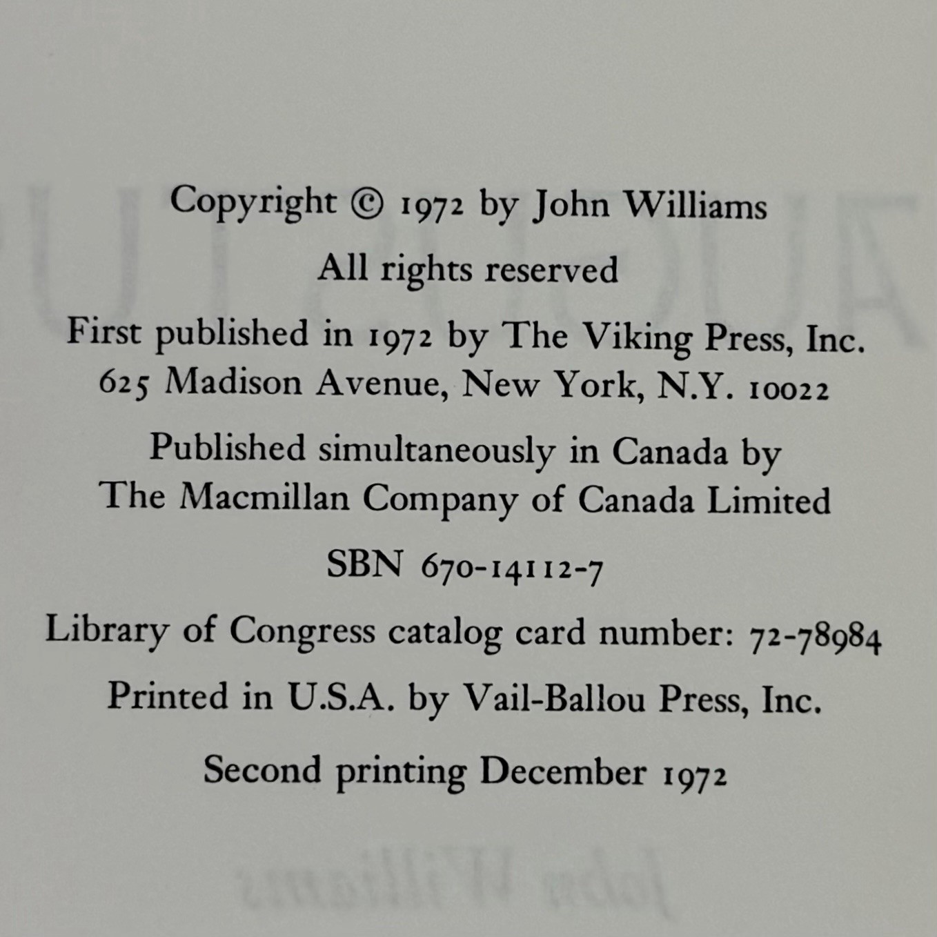 Augustus – John Williams (1st edition 2nd print HC) The Viking Press, 1972