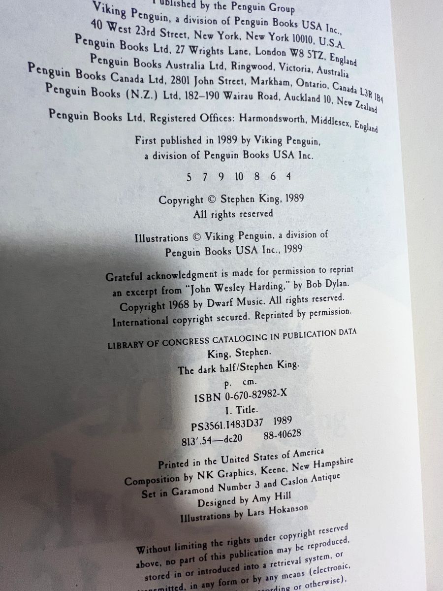 Stephen King, The Dark Half – 1st edition, 4th print