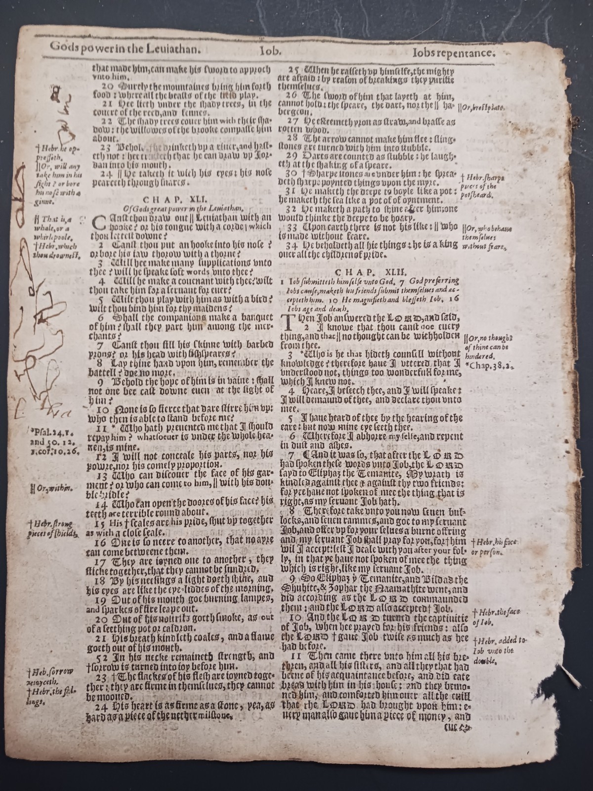 Original 1614 King James Bible Leaf 72 Job 38:35 to 42:11