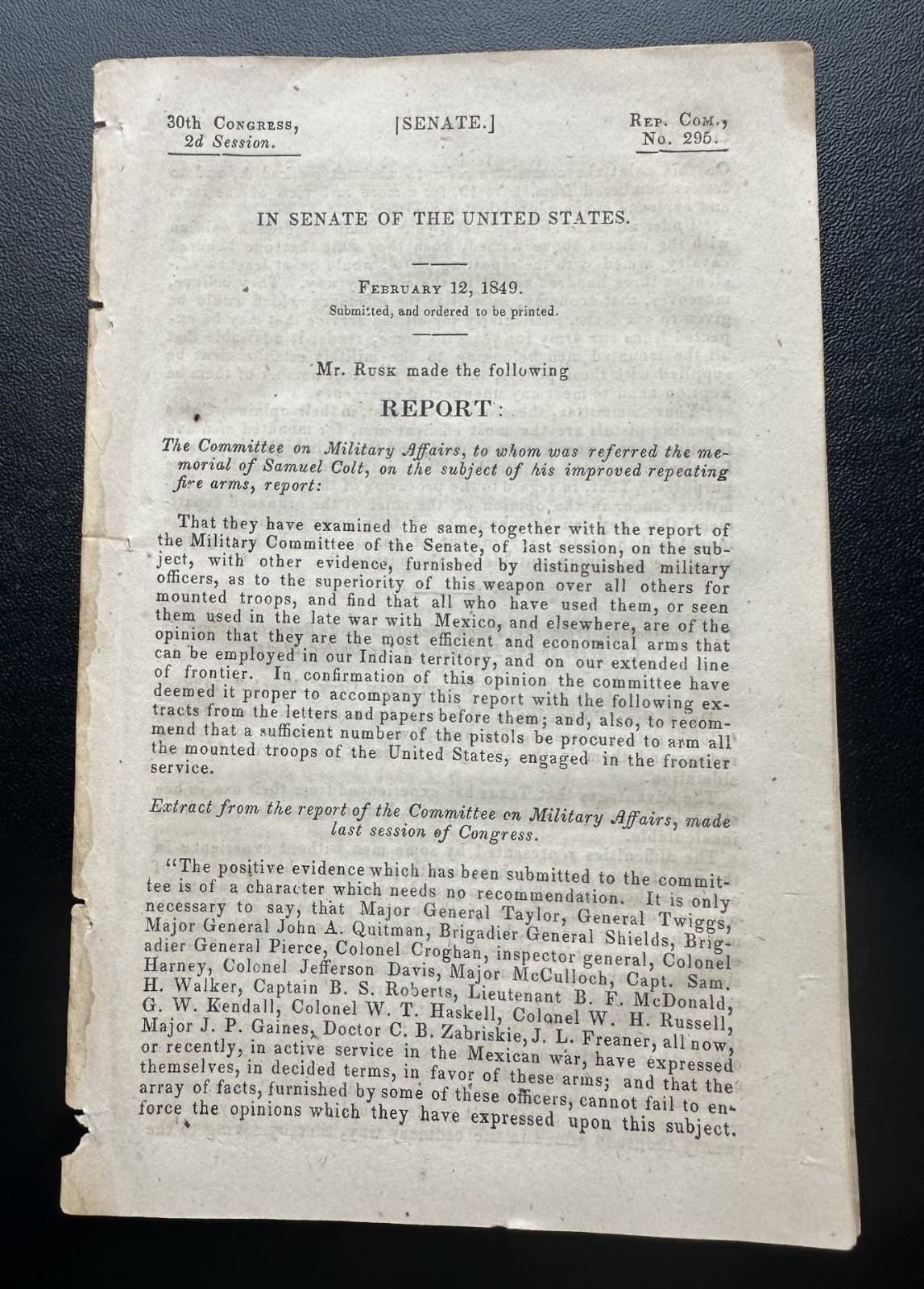1849 Senate Report 295 COLT REVOLVER Sam Houston Texas Rangers Jack Hays & more
