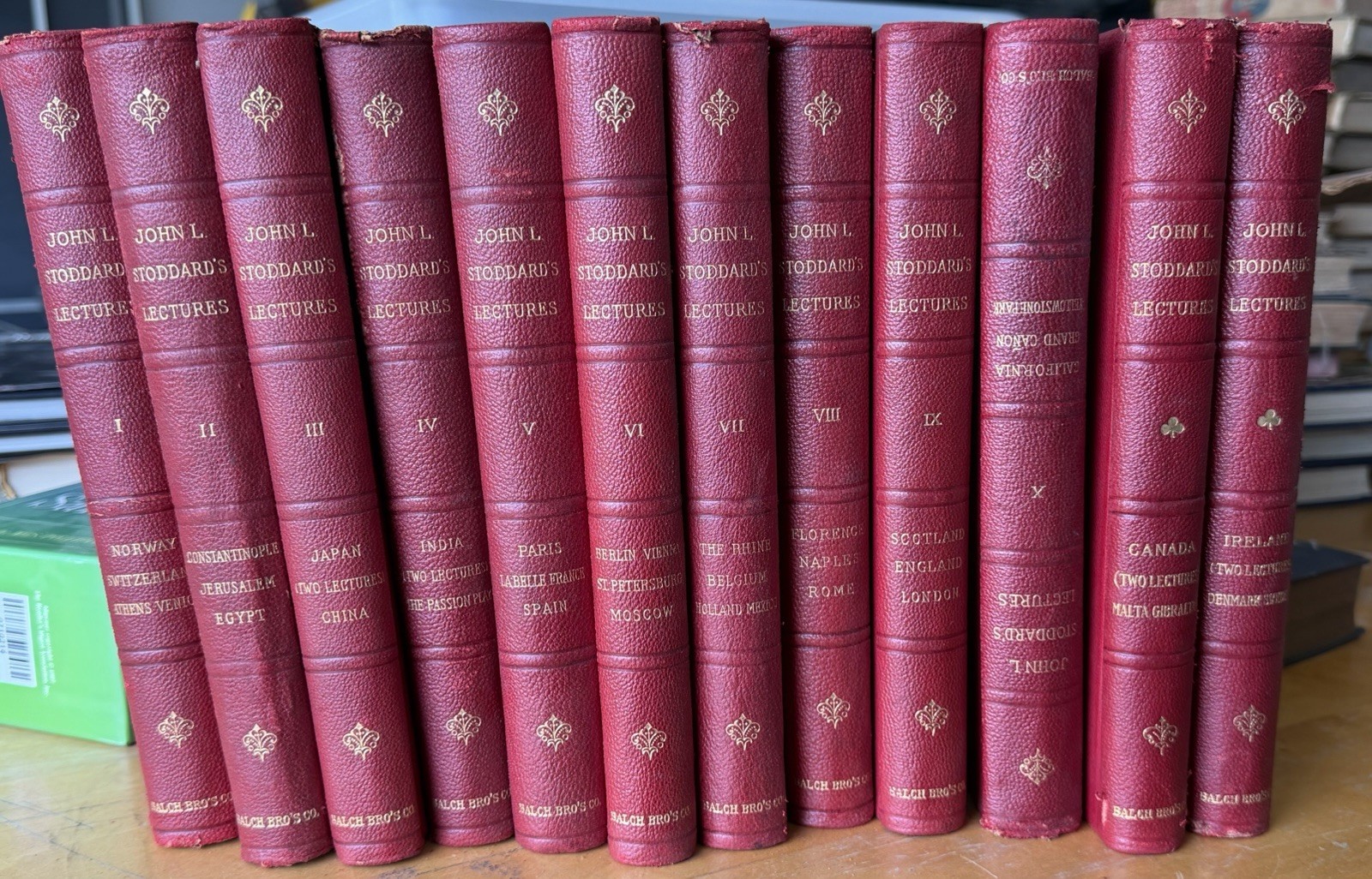 Antique John L Stoddard Lectures 10 Vol + 2 Extras Red Leather 1897 Decor