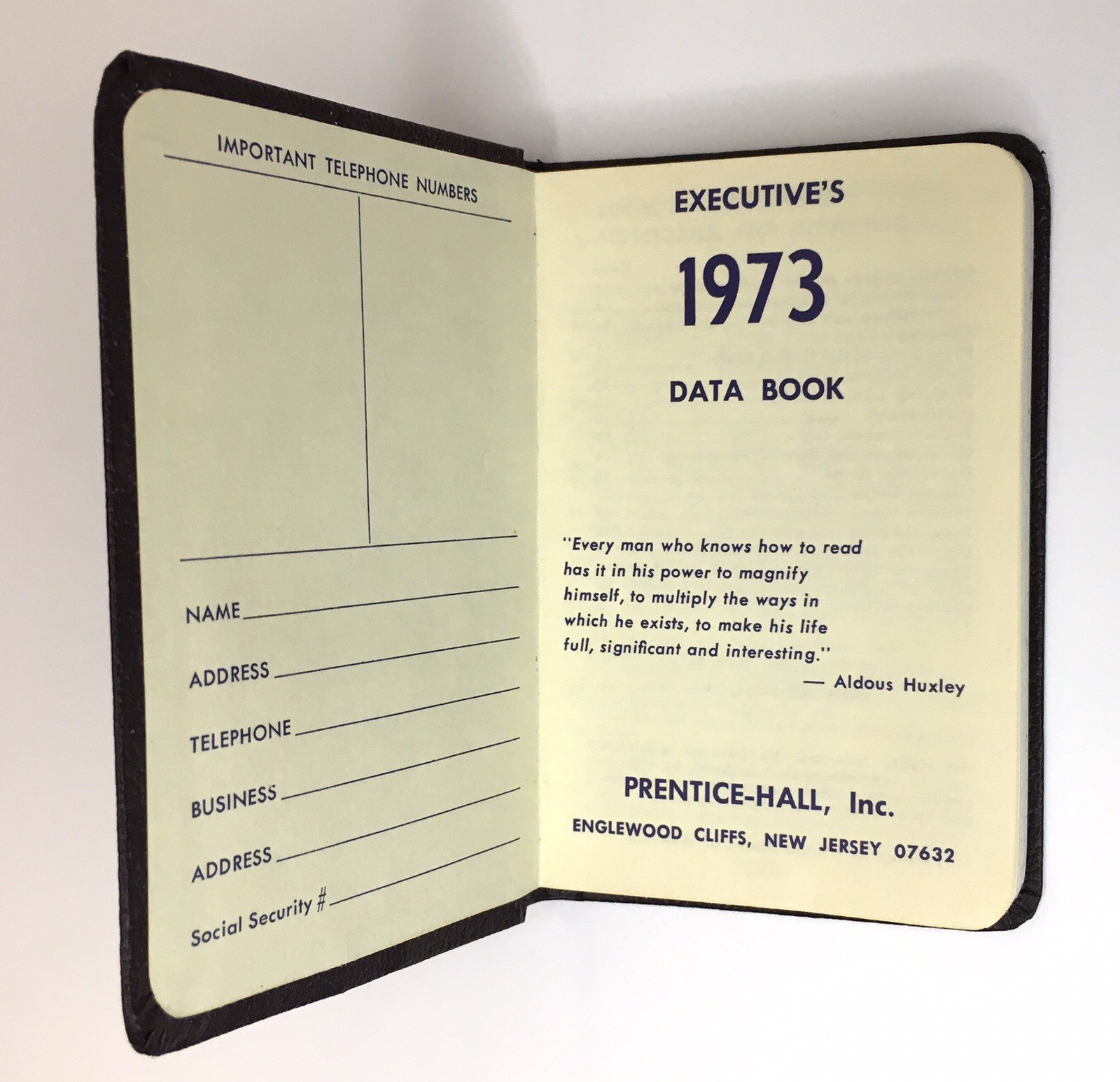 Executive Data Book 1973 Prentice Hall Inc. Unused Color Map Inside Pocket Size