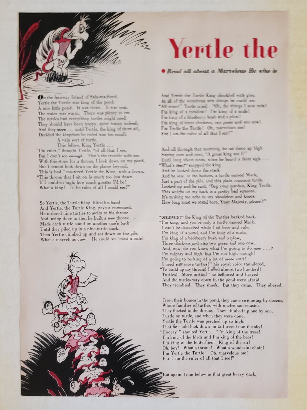 YERTLE THE TURTLE -DR SEUSS 10TH LOST STORY ON ORIGINAL REDBOOK PAGES APRIL 1951