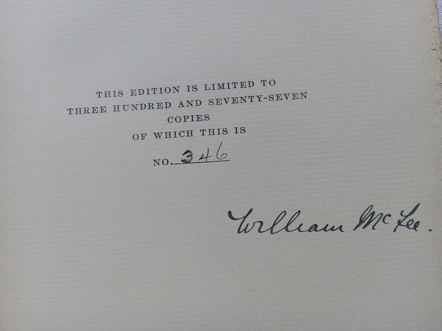 Command, by William McFee, 1922 Limited 1st edition, #346/377 Signed VG